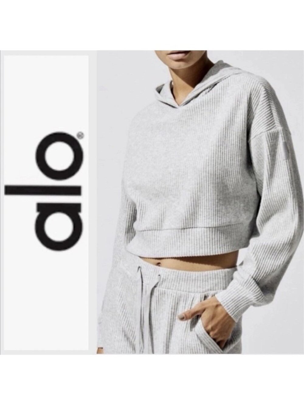 Alo Muse Ribbed Knit Pullover Hoodie Pink Blush Womens M Relaxed Fit Logo Solid